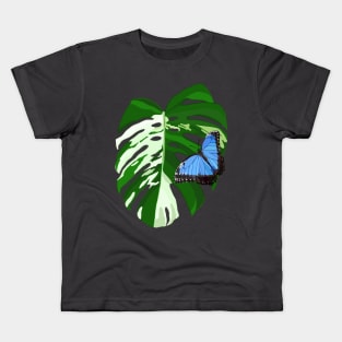 Blue Morpho Butterfly on a Monstera Albo Leaf Kids T-Shirt